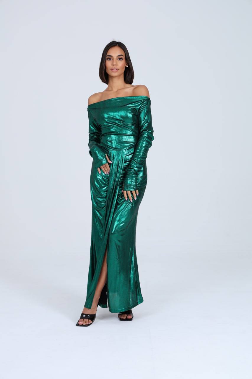 Emerald Dior Lamé Off-Shoulder Dress